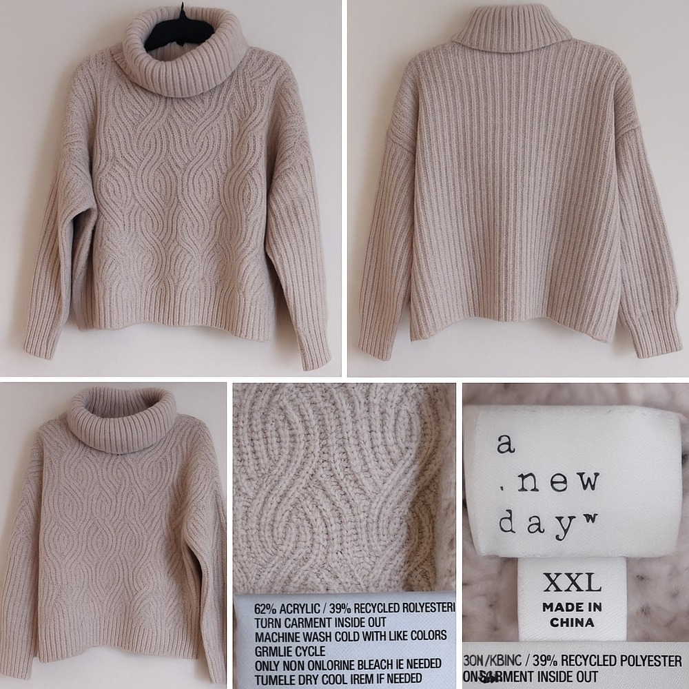 A New Day Sweater XXL Turtleneck Chunky Textured Knit Recycled‎ Momcore Slouchy